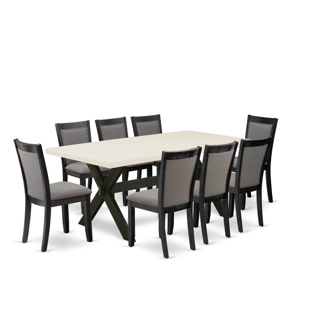 East West Furniture X627MZ650-9 9 Piece Dining Table Set Includes a Rectangle Dining Room Table with X-Legs and 8 Dark Gotham Grey Linen Fabric Parsons Chairs