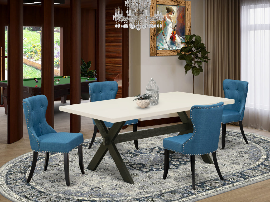 East West Furniture X627SI121-5 5 Piece Dining Room Furniture Set Includes a Rectangle Dining Table with X-Legs and 4 Blue Linen Fabric Upholstered Chairs