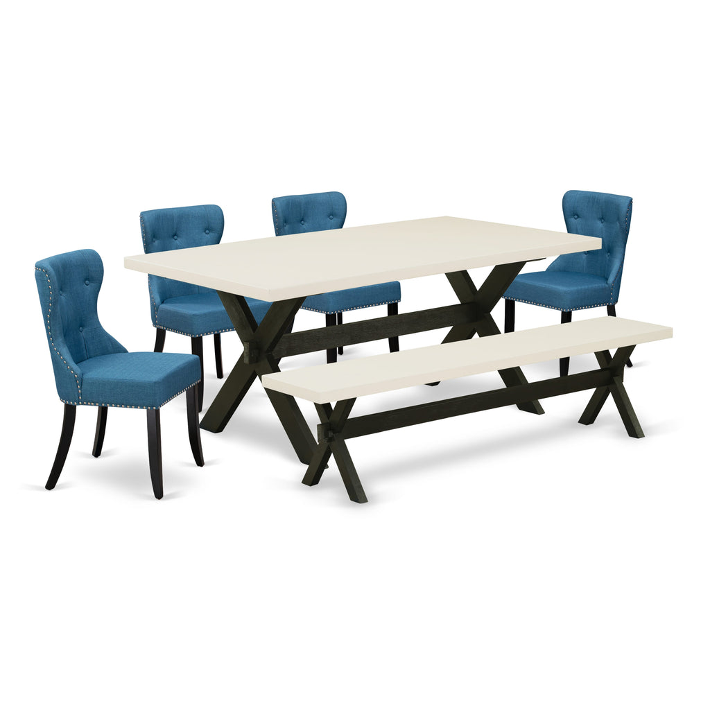 East West Furniture X627SI121-6 6 Piece Kitchen Table & Chairs Set Contains a Rectangle Wooden Table and 4 Blue Linen Fabric Parson Chairs with a Bench