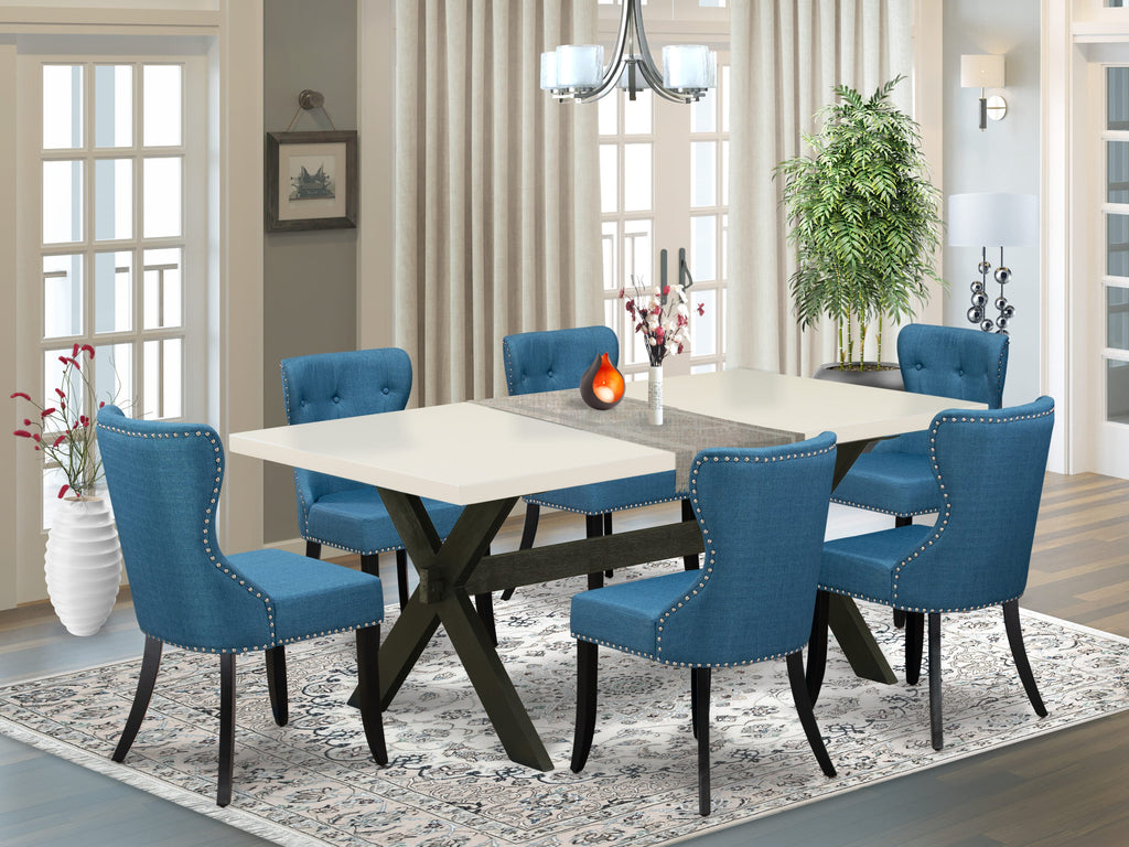 East West Furniture X627SI121-7 7 Piece Modern Dining Table Set Consist of a Rectangle Wooden Table with X-Legs and 6 Blue Linen Fabric Parson Dining Chairs