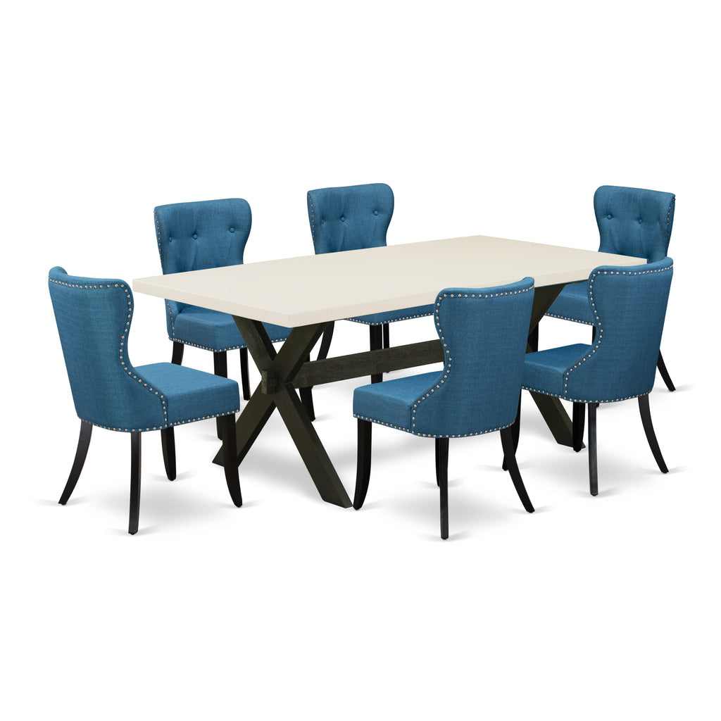 East West Furniture X627SI121-7 7 Piece Modern Dining Table Set Consist of a Rectangle Wooden Table with X-Legs and 6 Blue Linen Fabric Parson Dining Chairs