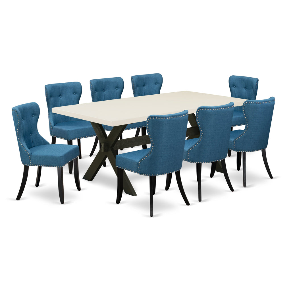 East West Furniture X627SI121-9 9 Piece Dining Table Set Includes a Rectangle Dining Room Table with X-Legs and 8 Blue Linen Fabric Upholstered Parson Chairs