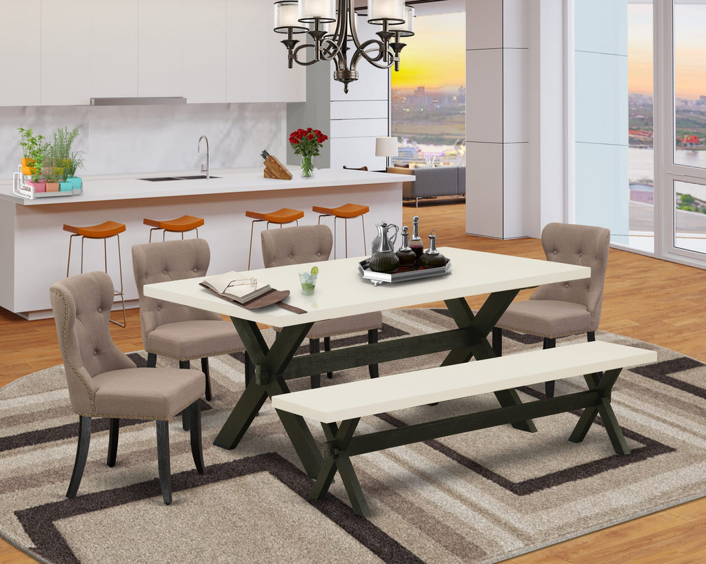 East West Furniture X627SI648-6 6 Piece Kitchen Table Set Contains a Rectangle Dining Table with X-Legs and 4 Coffee Linen Fabric Parson Chairs with a Bench