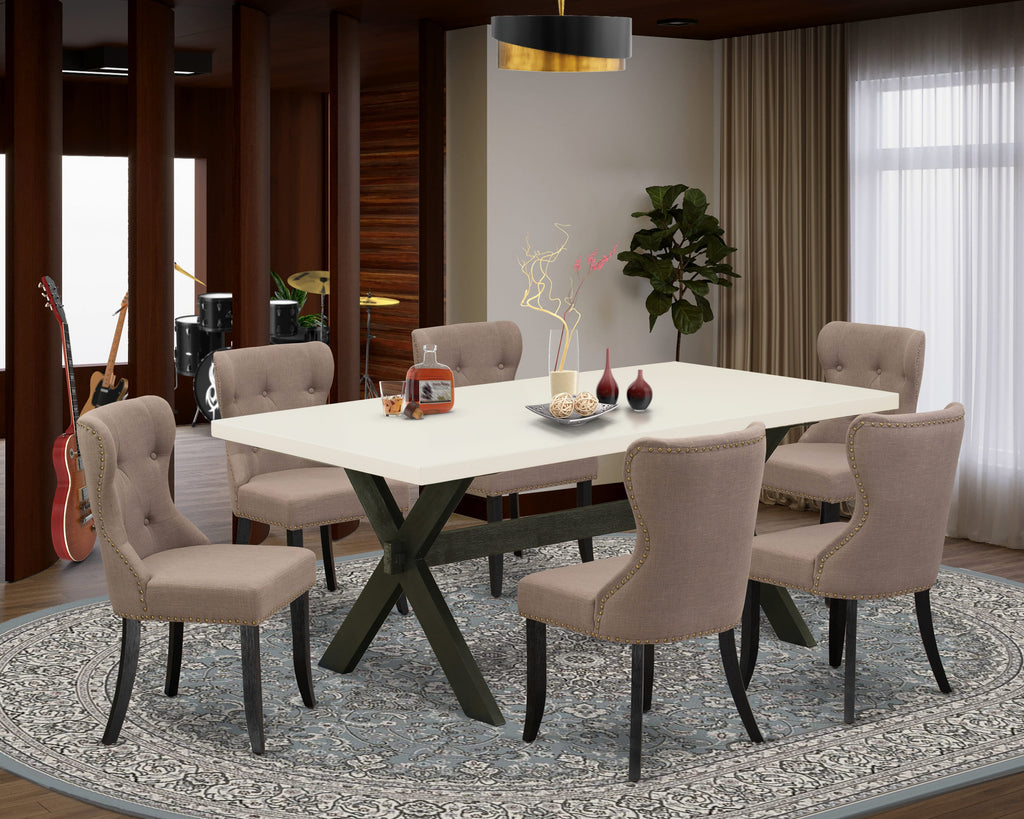 East West Furniture X627SI648-7 7 Piece Dining Room Furniture Set Consist of a Rectangle Dining Table with X-Legs and 6 Coffee Linen Fabric Upholstered Chairs, 40x72 Inch, Multi-Color