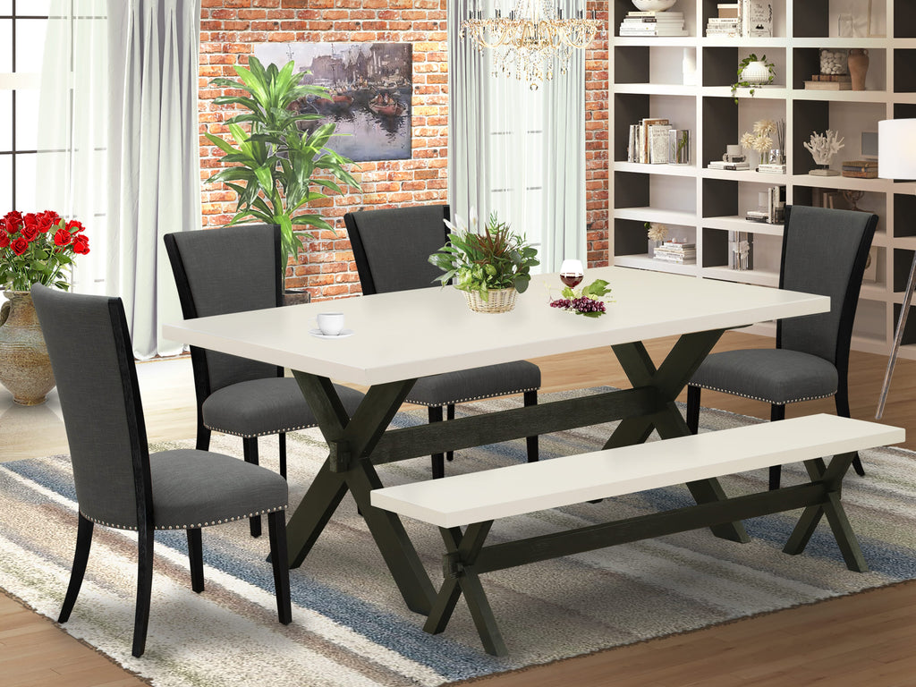 East West Furniture X627VE650-6 6 Piece Dining Set Contains a Rectangle Dining Room Table with X-Legs and 4 Dark Gotham Linen Fabric Upholstered Chairs with a Bench