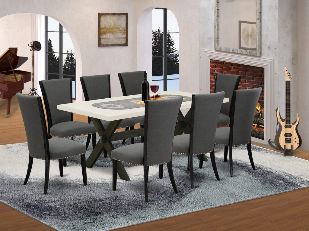 East West Furniture X627VE650-9 9 Piece Dining Room Table Set Includes a Rectangle Dining Table with X-Legs and 8 Dark Gotham Linen Fabric Upholstered Chairs