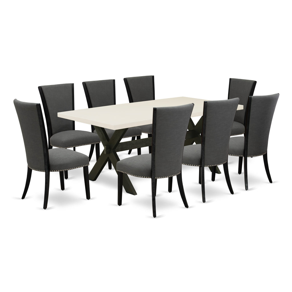 East West Furniture X627VE650-9 9 Piece Dining Room Table Set Includes a Rectangle Dining Table with X-Legs and 8 Dark Gotham Linen Fabric Upholstered Chairs