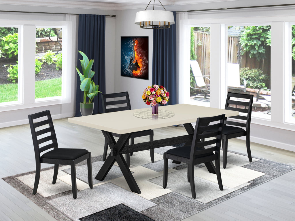 East West Furniture X627X1624-5 - 5-piece modern dining set consists of a kitchen table with Linen White top and 4 stackable chairs with Black Linen Fabric - Wire-brushed Black