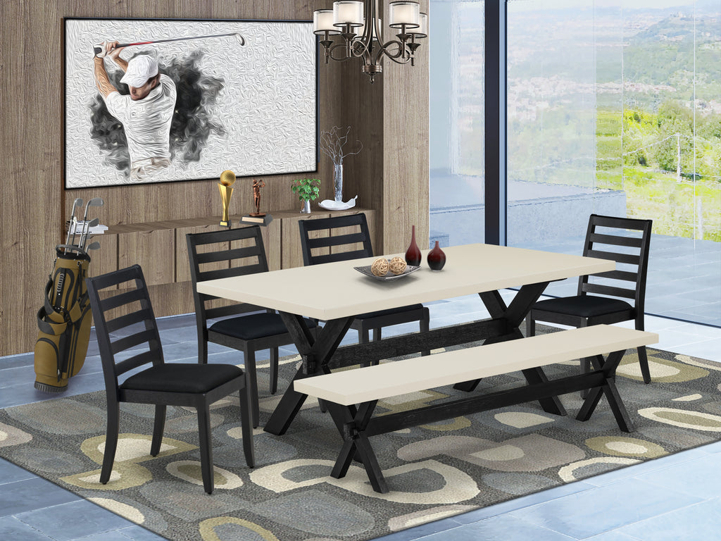 East West Furniture X627X1624-6 - 6-piece kitchen table set consists of a dinner table and a bench with Linen White top and 4 stackable chairs with Black Linen Fabric - Wire-brushed Black