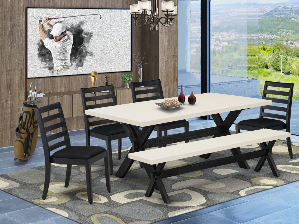 East West Furniture X627X1624-6 - 6-piece kitchen table set consists of a dinner table and a bench with Linen White top and 4 stackable chairs with Black Linen Fabric - Wire-brushed Black