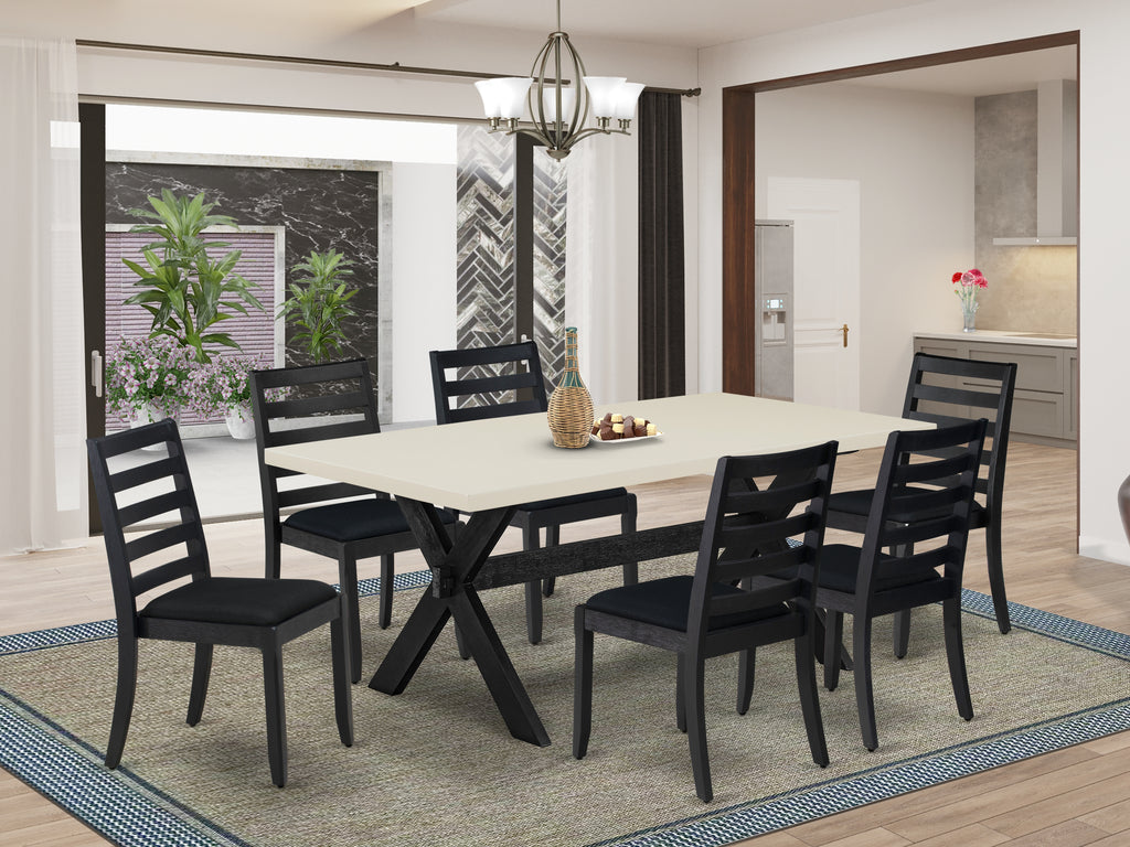 East West Furniture X627X1624-7 - 7-piece dining set consists of a wooden table with Linen White top and 6 stackable chairs with Black Linen Fabric - Wire-brushed Black