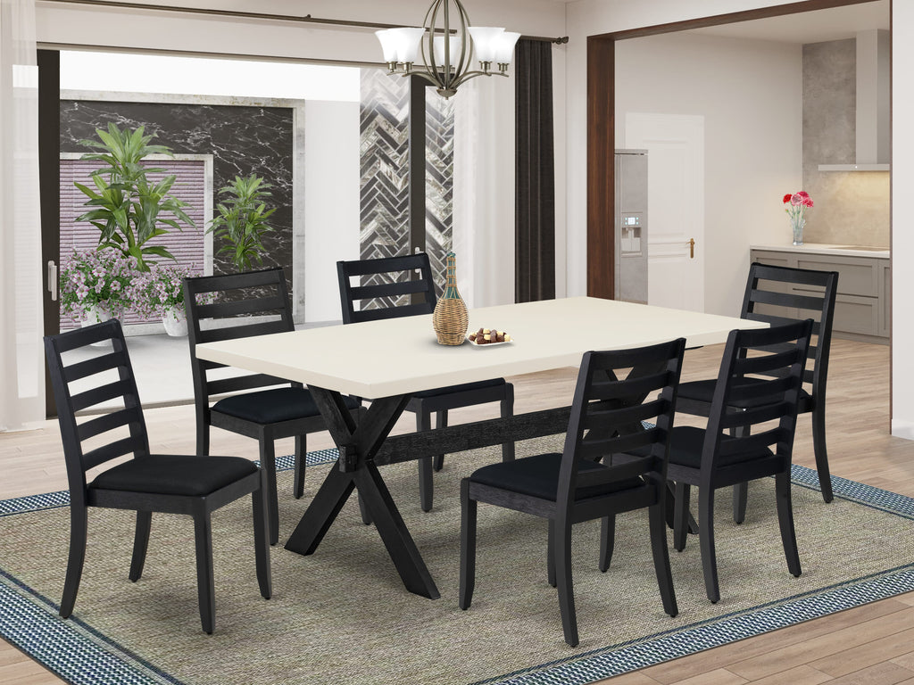 East West Furniture X627X1624-7 - 7-piece dining set consists of a wooden table with Linen White top and 6 stackable chairs with Black Linen Fabric - Wire-brushed Black