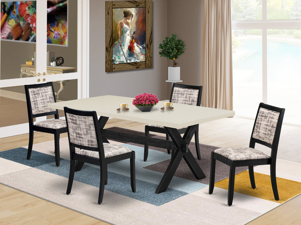 East West Furniture X627X2630-5 - 5-piece kitchen table set consists of a dining table with Linen White top and 4 stackable chairs with White and Gray Pattern Faux Leather - Wire-brushed Black