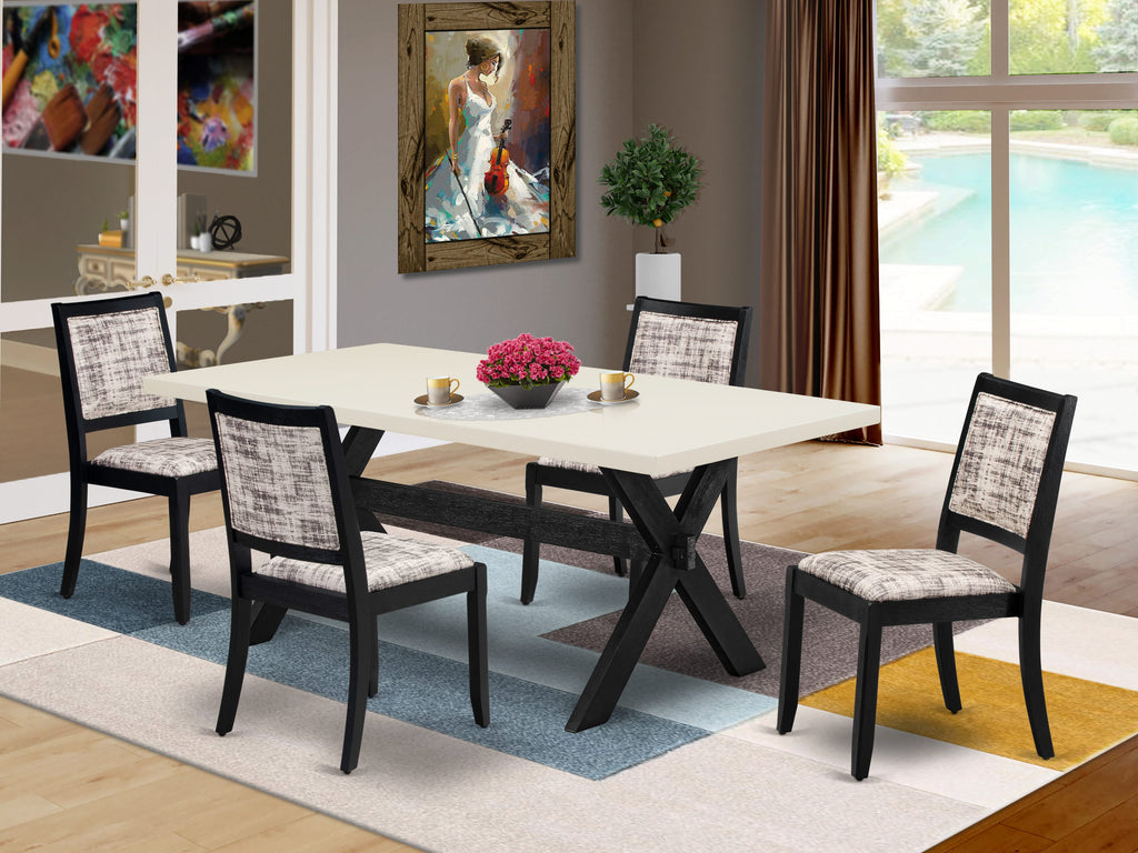 East West Furniture X627X2630-5 - 5-piece kitchen table set consists of a dining table with Linen White top and 4 stackable chairs with White and Gray Pattern Faux Leather - Wire-brushed Black