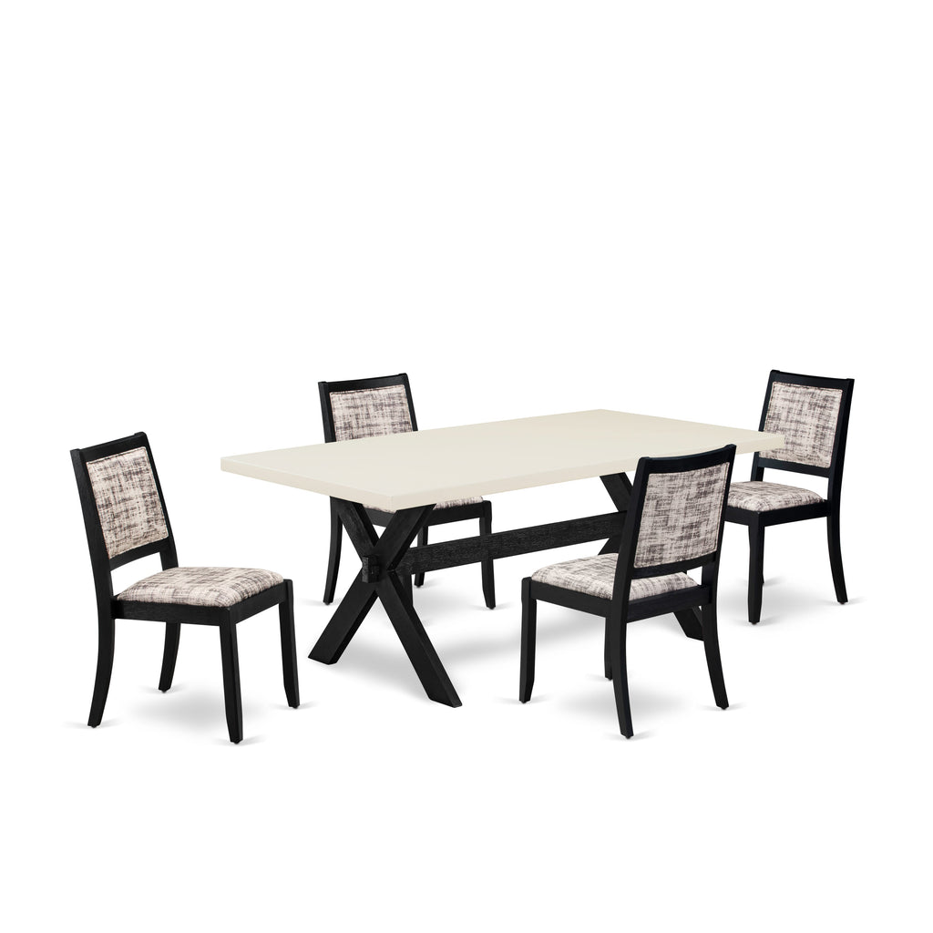 East West Furniture X627X2630-5 - 5-piece kitchen table set consists of a dining table with Linen White top and 4 stackable chairs with White and Gray Pattern Faux Leather - Wire-brushed Black