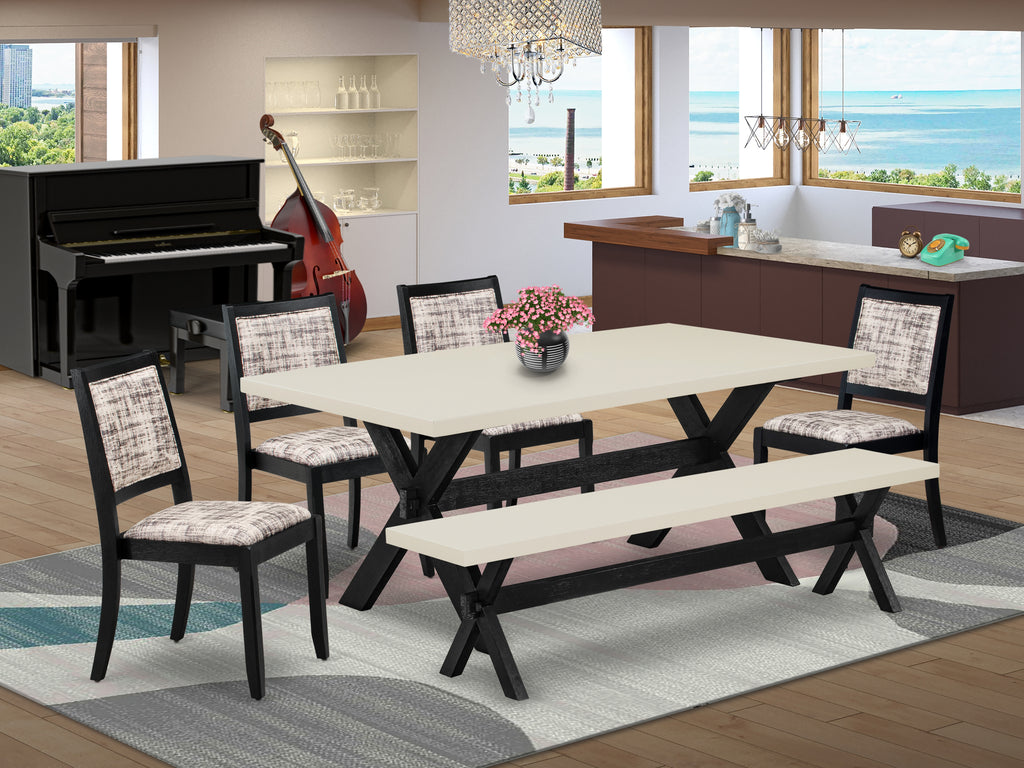 East West Furniture X627X2630-6 - 6-piece dining set consists of a kitchen table and a bench with Linen White top and 4 stackable chairs with White and Gray Pattern Faux Leather - Wire-brushed Black