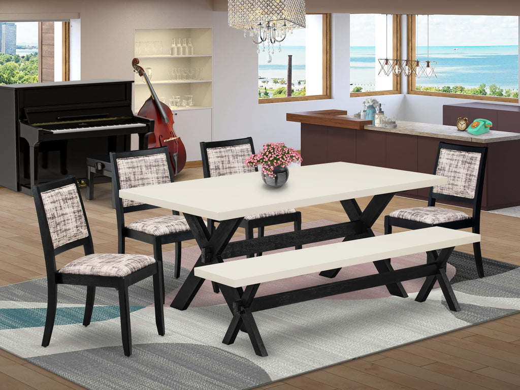 East West Furniture X627X2630-6 - 6-piece dining set consists of a kitchen table and a bench with Linen White top and 4 stackable chairs with White and Gray Pattern Faux Leather - Wire-brushed Black