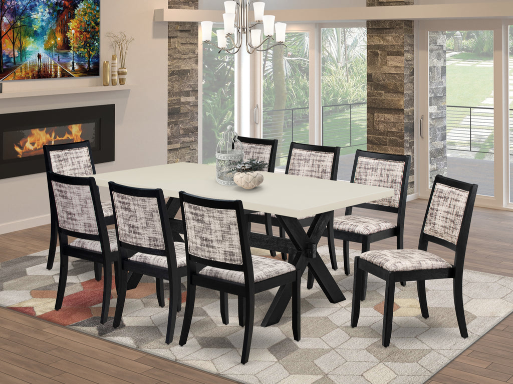 East West Furniture X627X2630-9 - 9-piece modern kitchen set consists of a wooden table with Linen White top and 8 stackable chairs with White and Gray Pattern Faux Leather - Wire-brushed Black