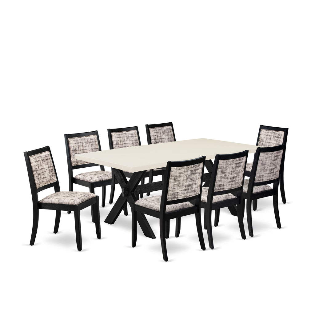 East West Furniture X627X2630-9 - 9-piece modern kitchen set consists of a wooden table with Linen White top and 8 stackable chairs with White and Gray Pattern Faux Leather - Wire-brushed Black