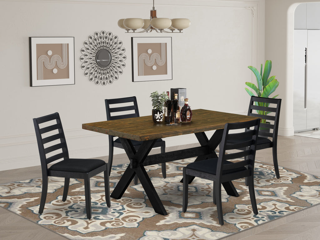 East West Furniture X676X1624-5 - 5-piece dining set consists of a dinner table with Distressed Jacobean top and 4 stackable kitchen chairs with Black Linen Fabric - Wire-brushed Black