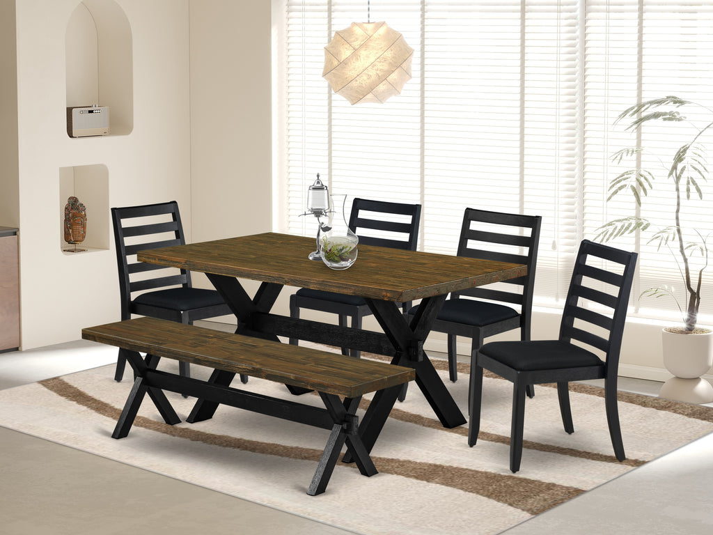 East West Furniture X676X1624-6 - 6-piece kitchen set consists of a dining table and a bench with Distressed Jacobean top and 4 stackable chairs with Black Linen Fabric - Wire-brushed Black