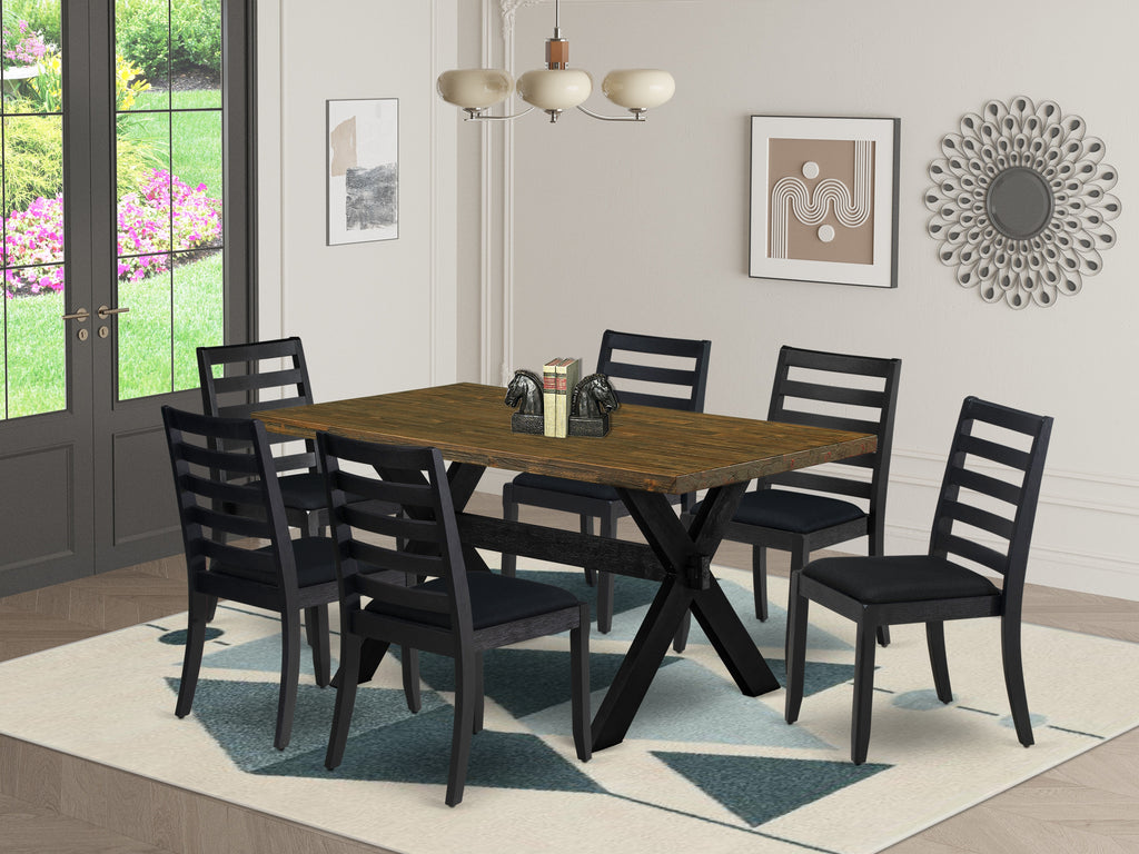 East West Furniture X676X1624-7 - 7-piece dining table set consists of a kitchen table with Distressed Jacobean top and 6 stackable chairs with Black Linen Fabric - Wire-brushed Black