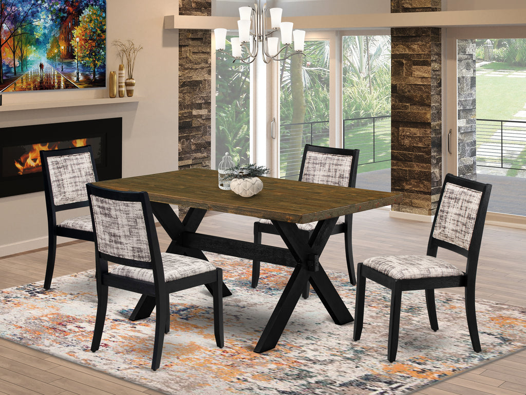 East West Furniture X676X2630-5 - 5-piece kitchen set consists of a dining table with Distressed Jacobean top and 4 stackable chairs with White and Gray Pattern Faux Leather - Wire-brushed Black