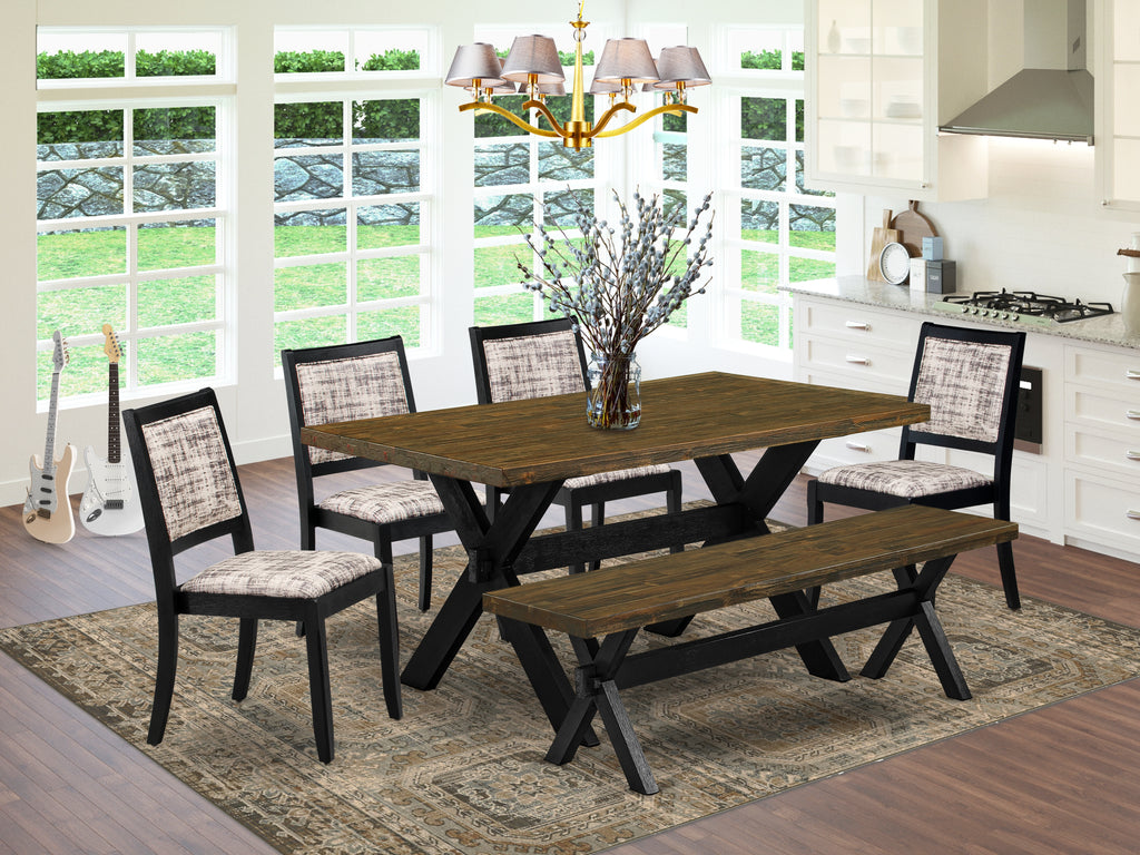 East West Furniture X676X2630-6 - 6-piece dining set consists of a table and a bench with Distressed Jacobean top and 4 stackable chairs with White and Gray Pattern Faux Leather - Wire-brushed Black