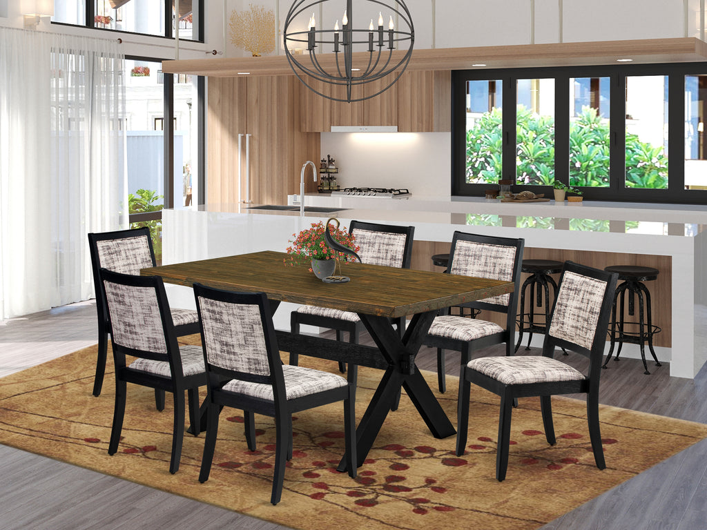 East West Furniture X676X2630-7 - 7-piece dining set consists of a table with Distressed Jacobean top and 6 stackable chairs with White and Gray Pattern Faux Leather - Wire-brushed Black