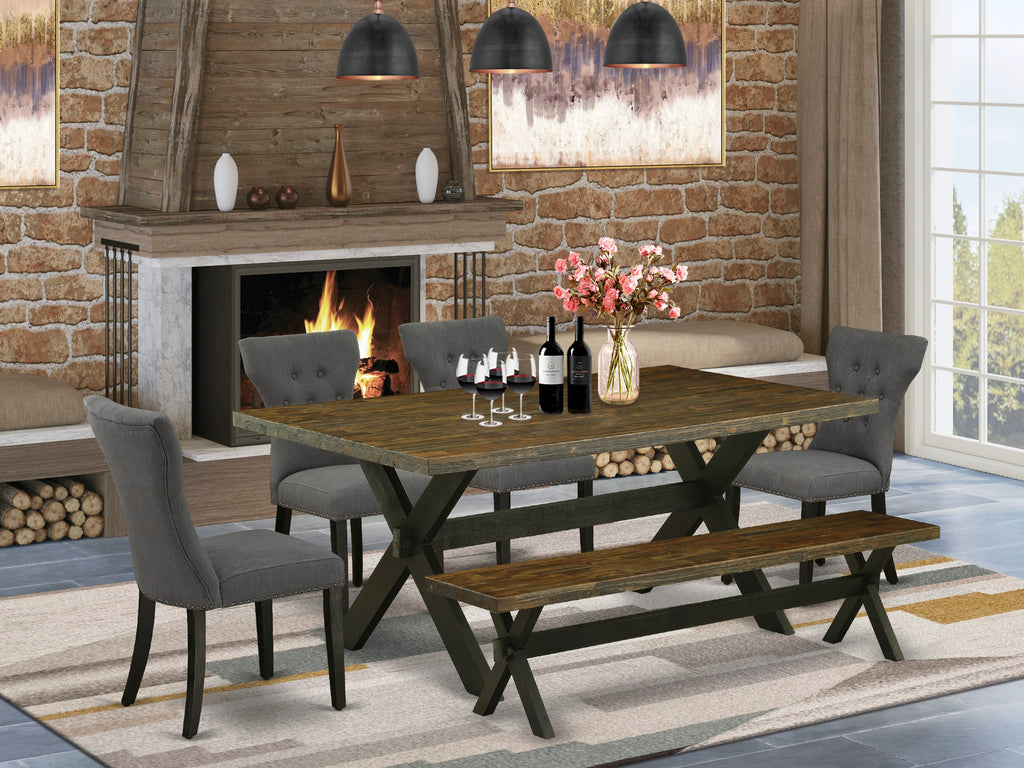East West Furniture X677GA650-6 6-Piece Mid Century Dining Table Set-Dark Gotham Grey Linen Fabric Seat and Button Tufted Chair Back Parson Dining chairs