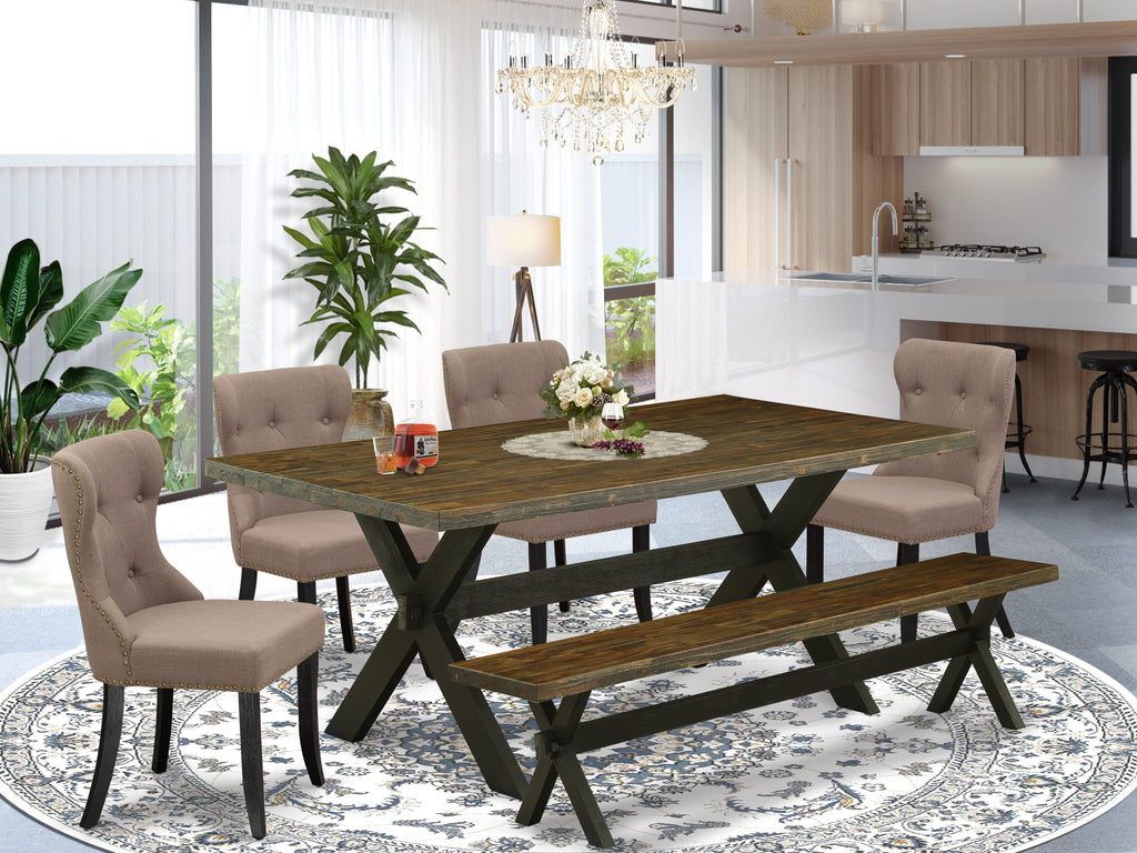 East West Furniture X677SI648-6 6-Pc Dining Room Table Set- 4 Dining Chairs with Coffee Linen Fabric Seat and Button Tufted Chair Back – Kitchen Table and Bench (Distressed Jacobean Finish)