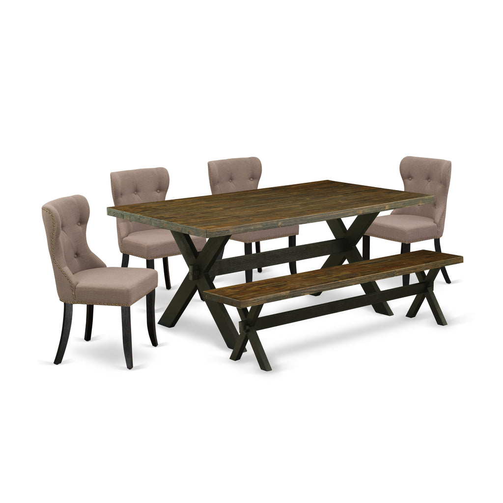 East West Furniture X677SI648-6 6-Pc Dining Room Table Set- 4 Dining Chairs with Coffee Linen Fabric Seat and Button Tufted Chair Back – Kitchen Table and Bench (Distressed Jacobean Finish)