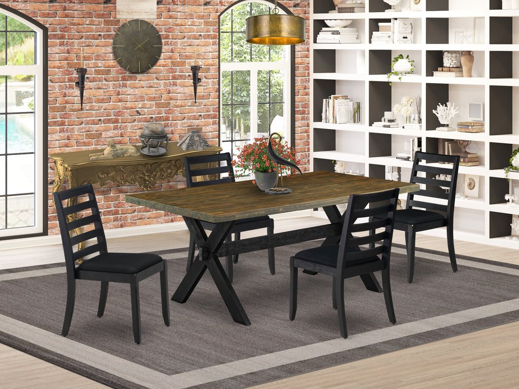 East West Furniture X677X1624-5 - 5-piece kitchen table set consists of a dinner table with Distressed Jacobean top and 4 stackable chairs with Black Linen Fabric- Wire-brushed Black