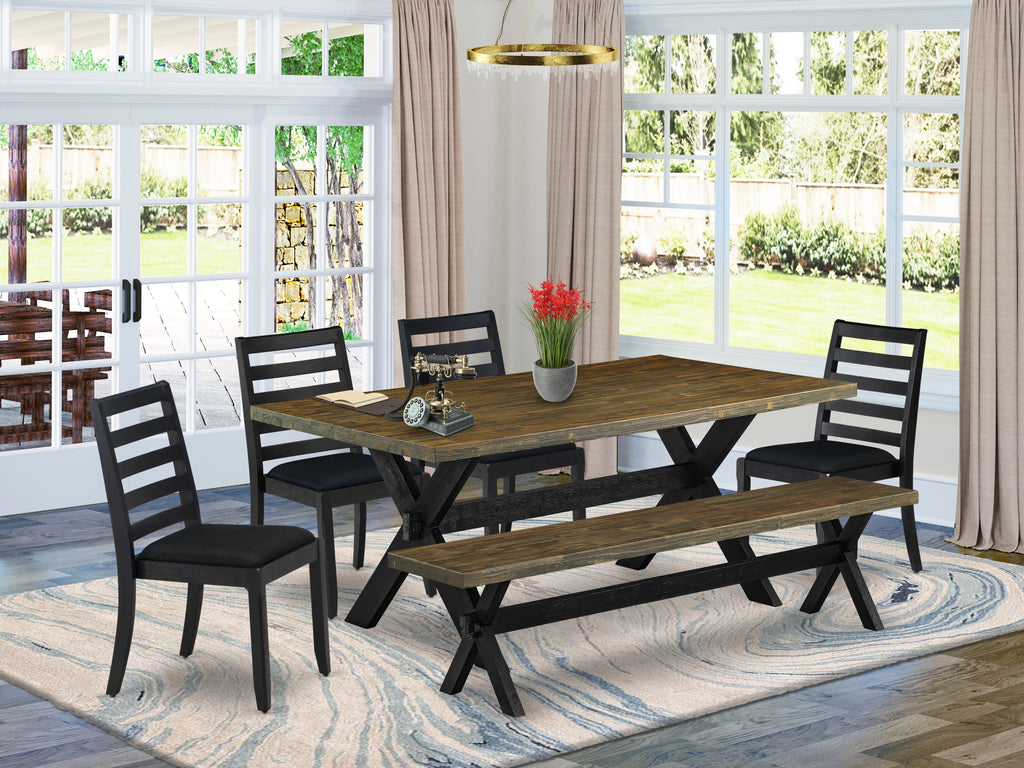 East West Furniture X677X1624-6 - 6-piece modern dining set consists of a dinner table and a bench with Distressed Jacobean top and 4 stackable chairs with Black Linen Fabric- Wire-brushed Black