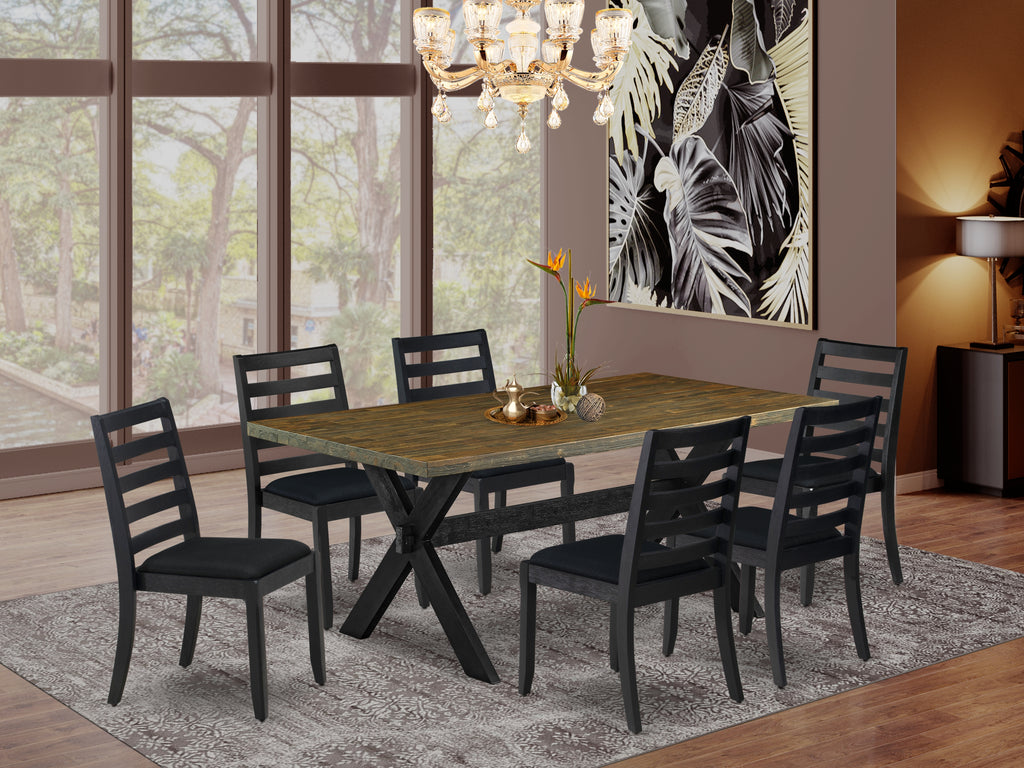 East West Furniture X677X1624-7 - 7-piece dining room set consists of a wooden table with Distressed Jacobean top and 6 stackable dining chairs with Black Linen Fabric- Wire-brushed Black