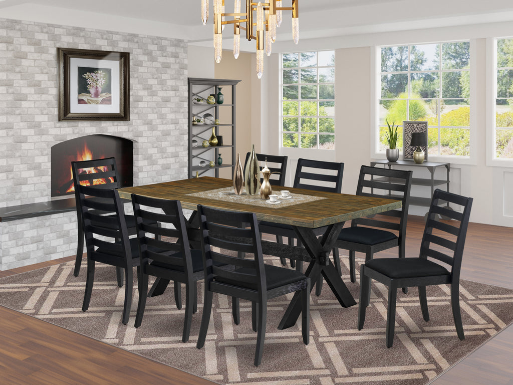 East West Furniture X677X1624-9 - 9-piece kitchen table set consists of a breakfast table with Distressed Jacobean top and 8 stackable dining chairs with Black Linen Fabric - Wire-brushed Black