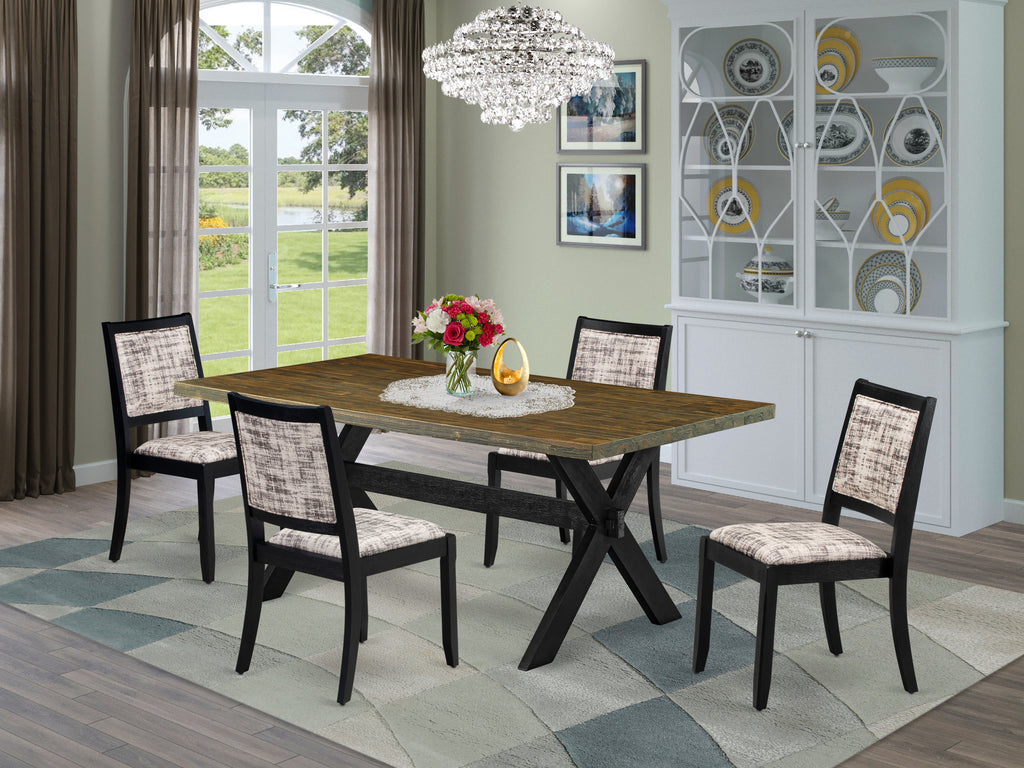 East West Furniture X677X2630-5 - 5-piece dining table set consists of a dinner table with Distressed Jacobean top and 4 stackable chairs with White and Gray Pattern Faux Leather - Wire-brushed Black