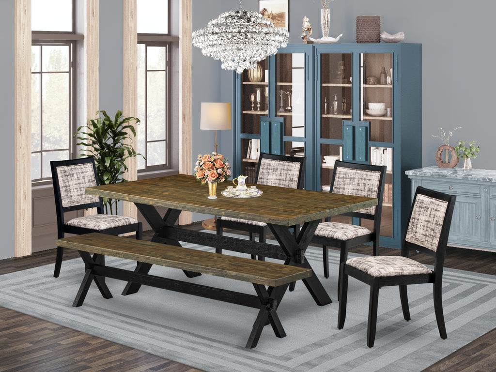 East West Furniture X677X2630-6 - 6-piece dining set consists of a table and a bench with Distressed Jacobean top and 4 stackable chairs with White and Gray Pattern Faux Leather - Wire-brushed Black