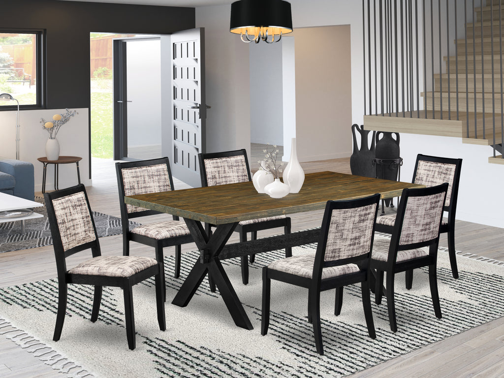 East West Furniture X677X2630-7 - 7-piece kitchen table set consists of a wooden table with Distressed Jacobean top and 6 stackable chairs with White and Gray Pattern Faux Leather - Wire-brushed Black