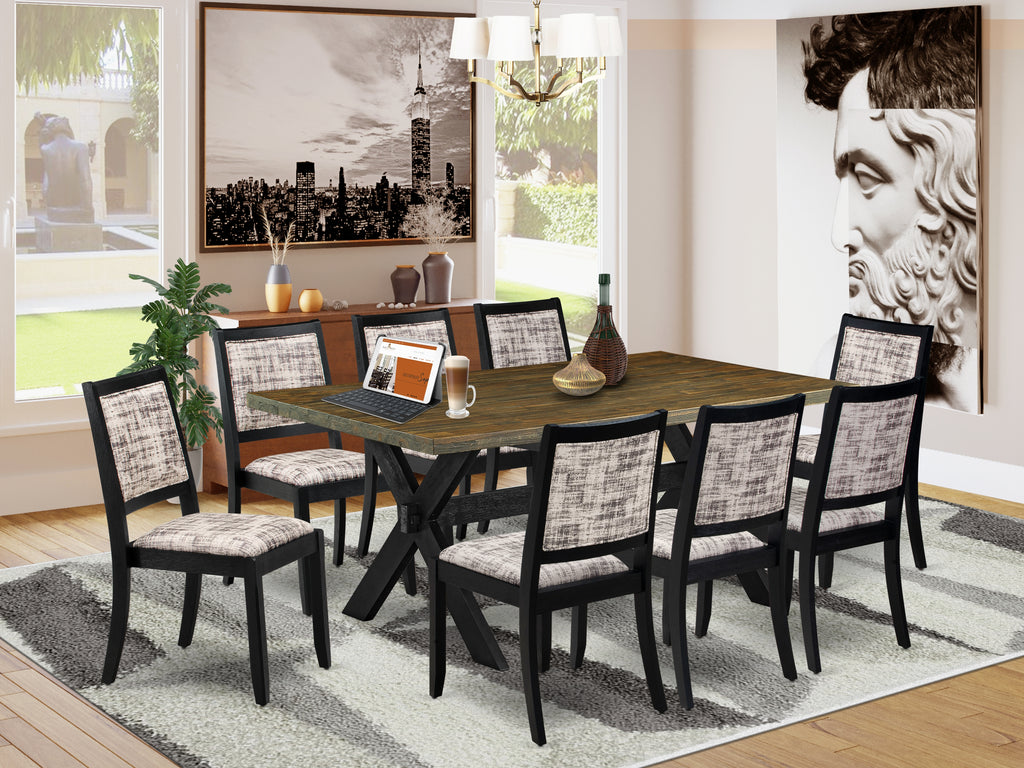 East West Furniture X677X2630-9 - 9-piece dining room set consists of a dining table with Distressed Jacobean top and 8 stackable chairs with White and Gray Pattern Faux Leather - Wire-brushed Black