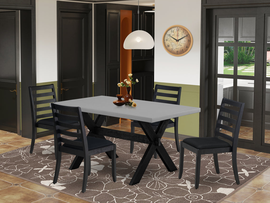 East West Furniture X696X1624-5 - 5-piece modern dining set consists of a breakfast table with Cement top and 4 stackable dining chairs with Black Linen Fabric - Wire-brushed Black