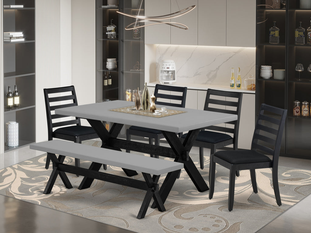 East West Furniture X696X1624-6 - 6-piece mid century kitchen set consists of a wooden table and a bench with Cement top and 4 stackable kitchen chairs with Black Linen Fabric - Wire-brushed Black