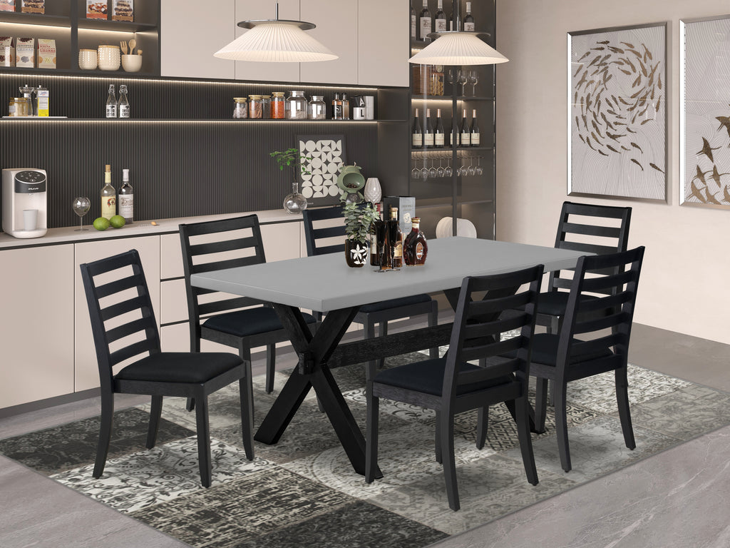 East West Furniture X696X1624-7 - 7-piece kitchen table set consists of a wooden dining table with Cement top and 6 stackable dining chairs with Black Linen Fabric - Wire-brushed Black