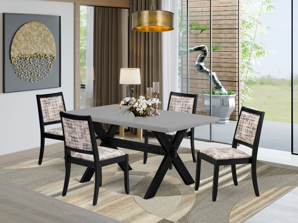 East West Furniture X696X2630-5 - 5-piece dining room set consists of a dinner table with Cement top and 4 stackable kitchen chairs with White and Gray Pattern Faux Leather - Wire-brushed Black