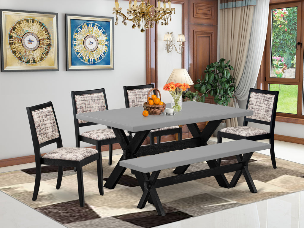 East West Furniture X696X2630-6 - 6-piece dining set consists of a kitchen table and a bench with Cement top and 4 stackable chairs with White and Gray Pattern Faux Leather - Wire-brushed Black