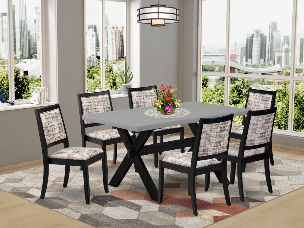 East West Furniture X696X2630-7 - 7-piece kitchen table set consists of a dining table with Cement top and 6 stackable chairs with White and Gray Pattern Faux Leather - Wire-brushed Black