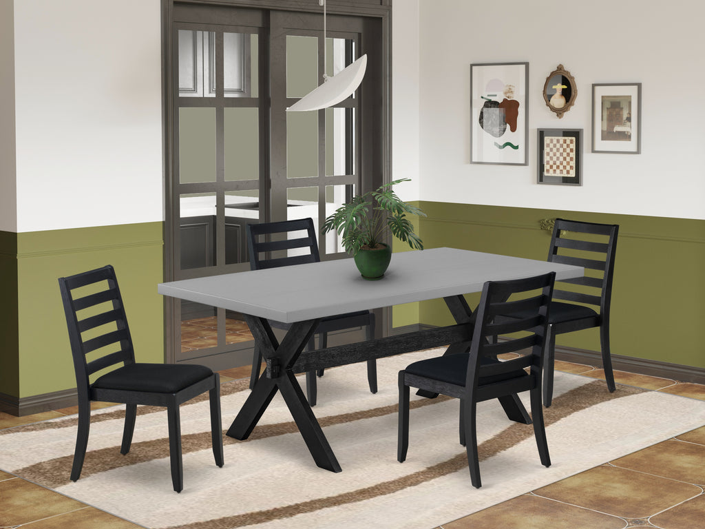 East West Furniture X697X1624-5 - 5-piece kitchen dining set consists of a wooden table with Cement top and 4 stackable chairs with Black Linen Fabric - Wire-brushed Black