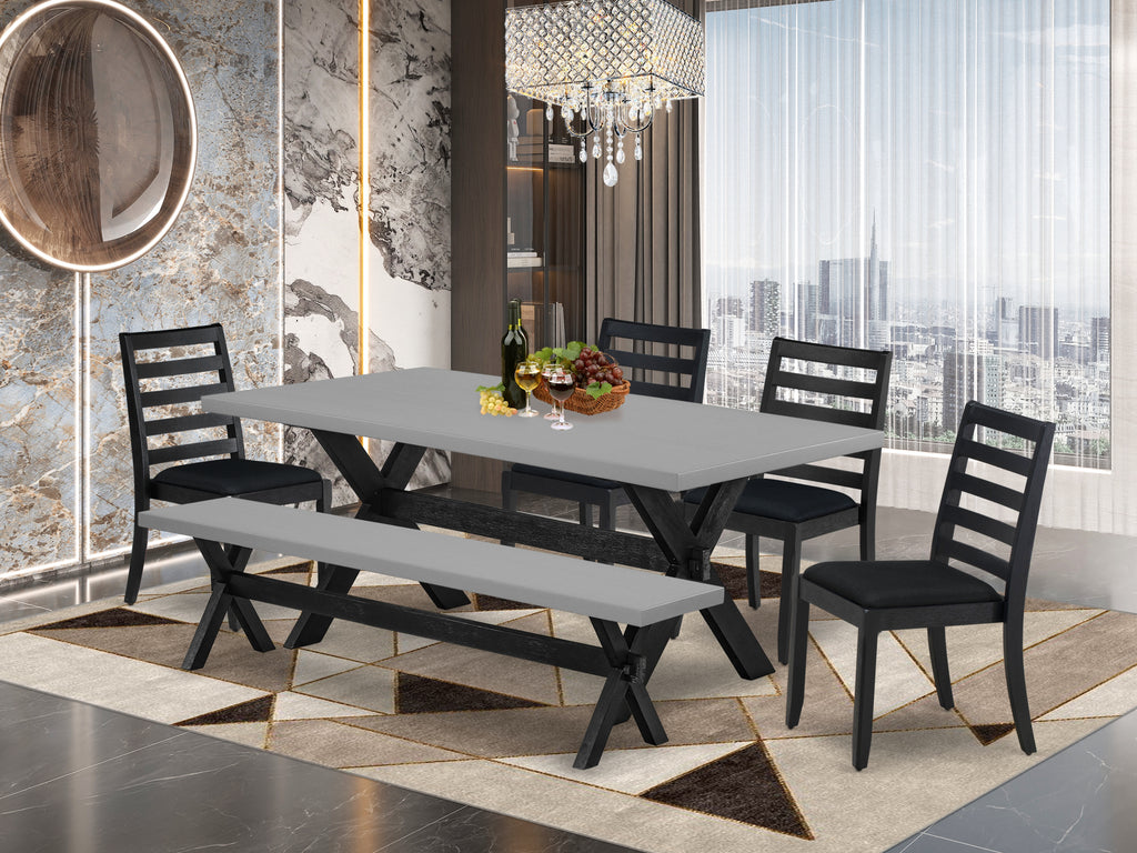 East West Furniture X697X1624-6 - 6-piece dining set consists of a dining table and a bench with Cement top and 4 stackable dining chairs with Black Linen Fabric - Wire-brushed Black