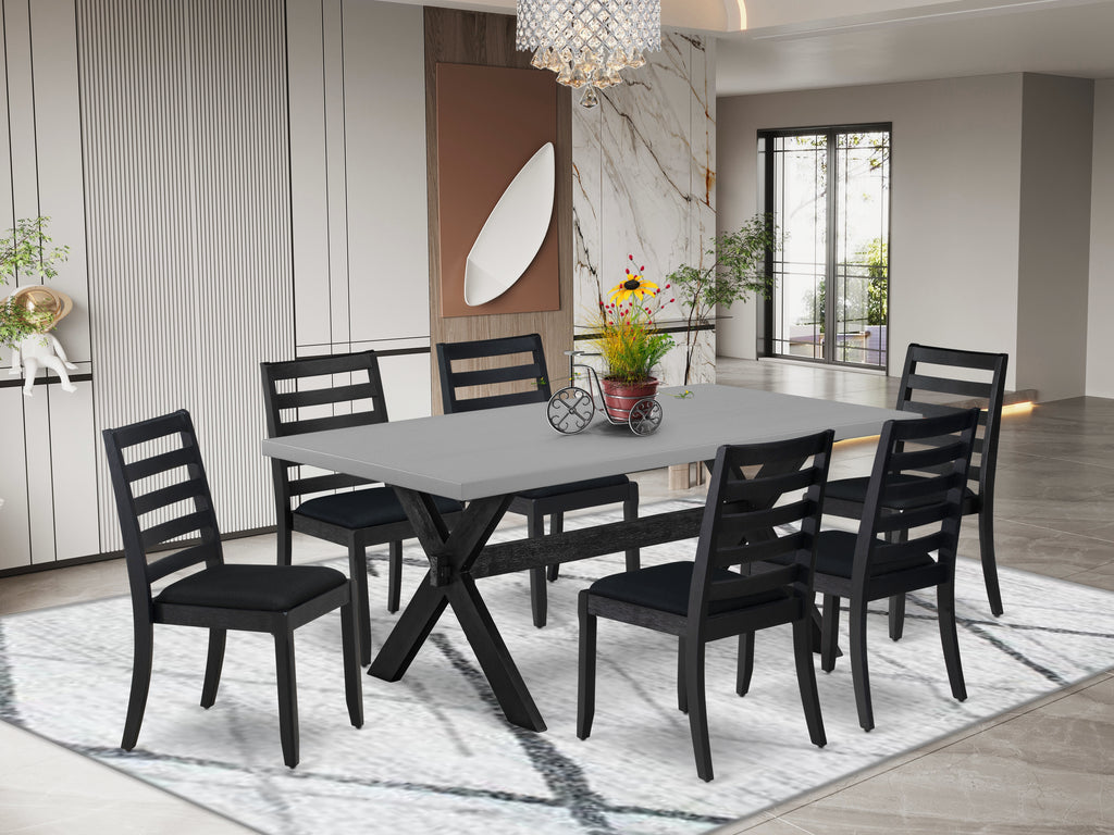 East West Furniture X697X1624-7 - 7-piece kitchen table set consists of a wooden table with Cement top and 6 stackable kitchen chairs with Black Linen Fabric - Wire-brushed Black