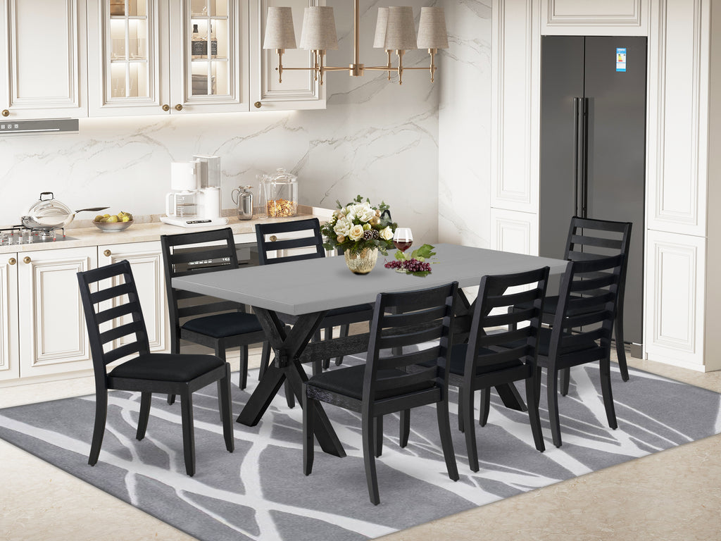 East West Furniture X697X1624-9- 9-piece dining table set consists of a dinner table with Cement top and 8 stackable dining chairs with Black Linen Fabric - Wire-brushed Black